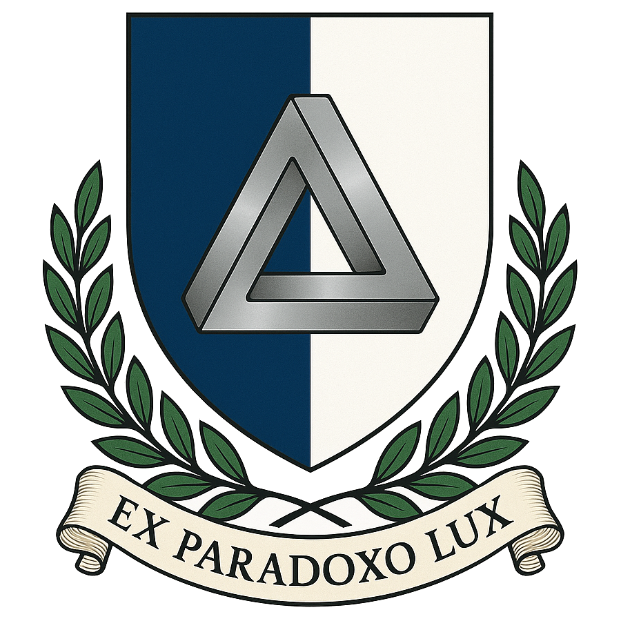 Die Flagge von Paradoxia zeigt ein silbernes Penrose-Dreieck (diese unmögliche geometrische Figur) auf vertikal geteiltem blau-weißem Hintergrund. Das Wappen ergänzt dies mit Lorbeerkranz und dem Staatsmotto "Ex Paradoxo Lux".