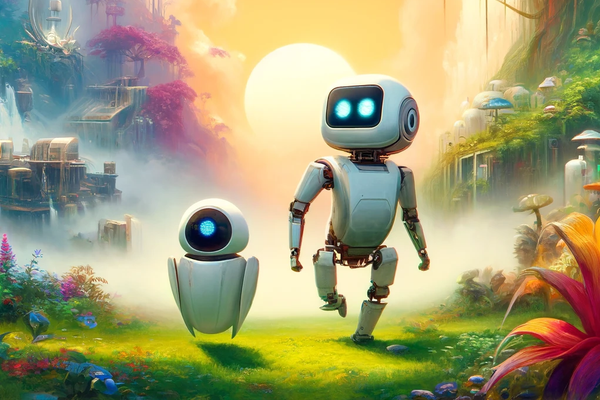 Zwei Roboter in einer märchenhaften Gartenlandschaft mit schwebenden Gebäuden und goldener Sonne im Hintergrund.
